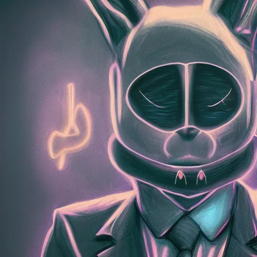 Prompt: a detailed portrait of a creepy bunny wearing an anonymous mask dressed in a suit having neon eyes, epic, cinematic, very detailed, creepy, horror, dreamscape, hdr, dark, shadows