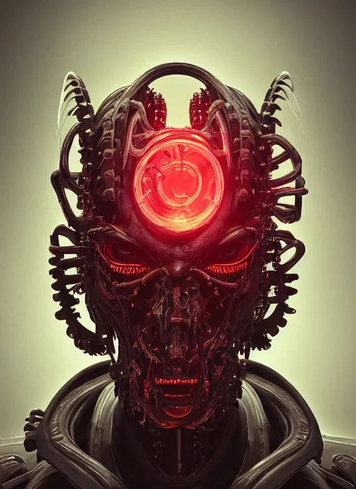 Image similar to a portrait up of a creepy looking biomechanical demon head, gigeresque cyberpunk art by ikuo hirayama, photorealism, octane render, behance hd, polycount, glowing fire background