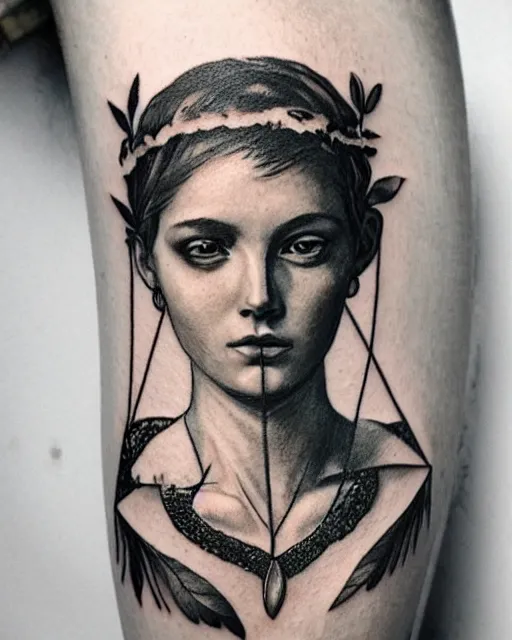 Image similar to realism tattoo sketch of a beautiful greek goddess aphrodite with piercing eyes wearing a laurel wreath and triangle earrings, in the style of greg rutkowski, amazing detail