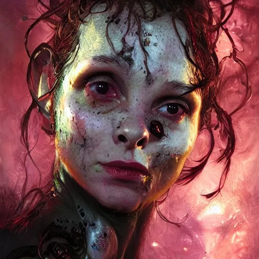 Prompt: a photo of alien dark fae girlboss based on helena bonham carter face mutating into insect, bumpy mottled skin, body horror, by yoshitaka amano, by greg rutkowski, by jeremy lipkinng, by artgerm, digital art, octane render