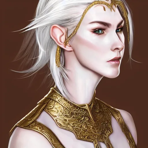 Prompt: side portrait!!! of a female elven warrior, fantasy, head tilted down, white hair, gold armour, gold jewelry, white skin, detailed face!!!!!, trending on artstation, gsociety, D&D, elegant, symmetrical facial features, highly detailed, sophisticated, hyperrealistic, detailed illustration, smooth, sharp focus, upper body, intricate, rule of thirds, holy glow, backlit, hd 4k by Greg Rutkowski, Charlie Bowater, Karol Bak