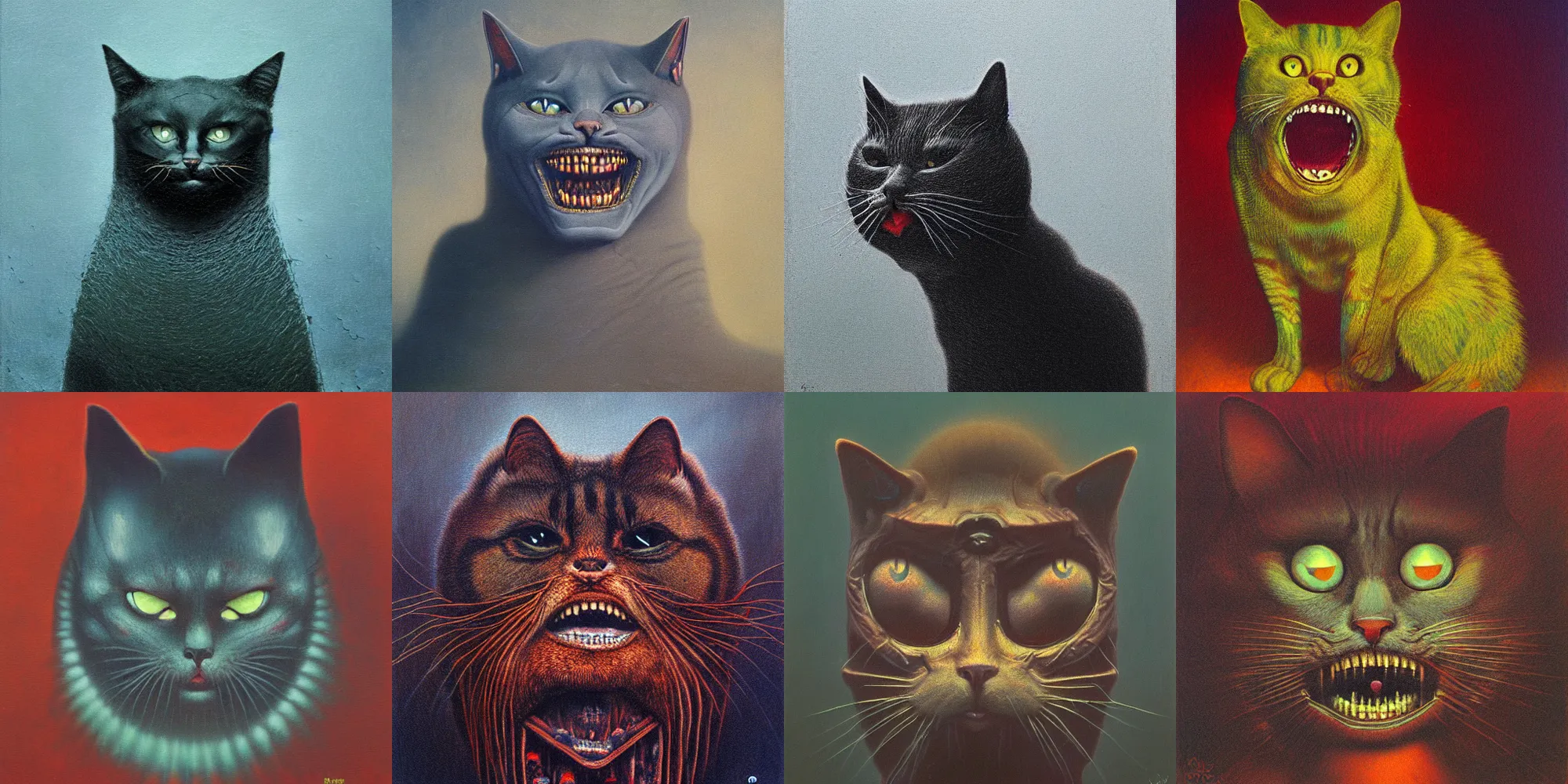 Image similar to grinning evil cat, HD, award winning, in style of beksinski, film grain, medium format, 8k resolution, oil on canvas