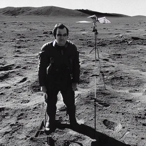 Prompt: stanley kubrick on the set of a movie about the moon landing