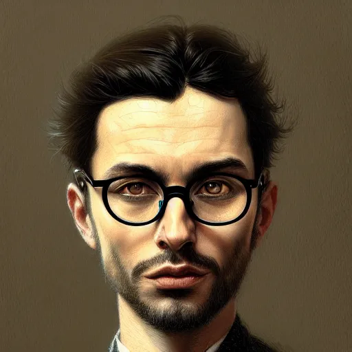 Prompt: portrait of a male italian artist wearing glasses, anxiety and depression, intricate, elegant, highly detailed, digital painting, dark background, artstation, concept art, smooth, sharp focus, illustration, by greg rutkowski