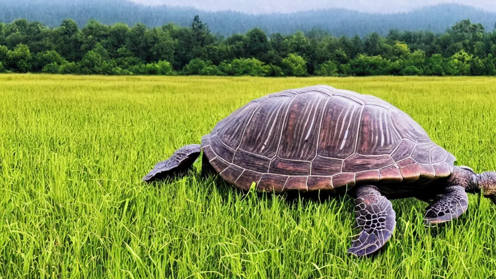 Prompt: Giant turtle with a city on it's back, walking through an open field, forest visible in the background