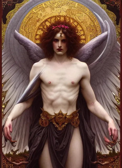 Prompt: majestic satanic death angel porcelain skin man movie poster, art style by edmund leighton, tom bagshaw, alphonse mucha, exquisite digital art, haunting, masterpiece, organic painting, photorealistic, ornate and hyper detailed