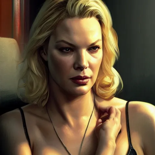 Prompt: Katherine Heigl with blonde hair as a lowlife thug as a grand theft auto 5 loading screen, close shot, gorgeous, beautiful, intricate, highly detailed, digital painting, artstation, oppressive lighting, concept art, sharp focus, illustration, art by greg rutkowski and alphonse mucha
