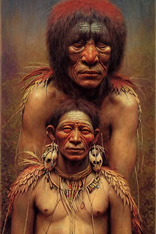 Image similar to a portrait of yanomami by wayne barlowe, gustav moreau, goward,  Gaston Bussiere and roberto ferri, santiago caruso, and austin osmanh spare, ((((occult art))))