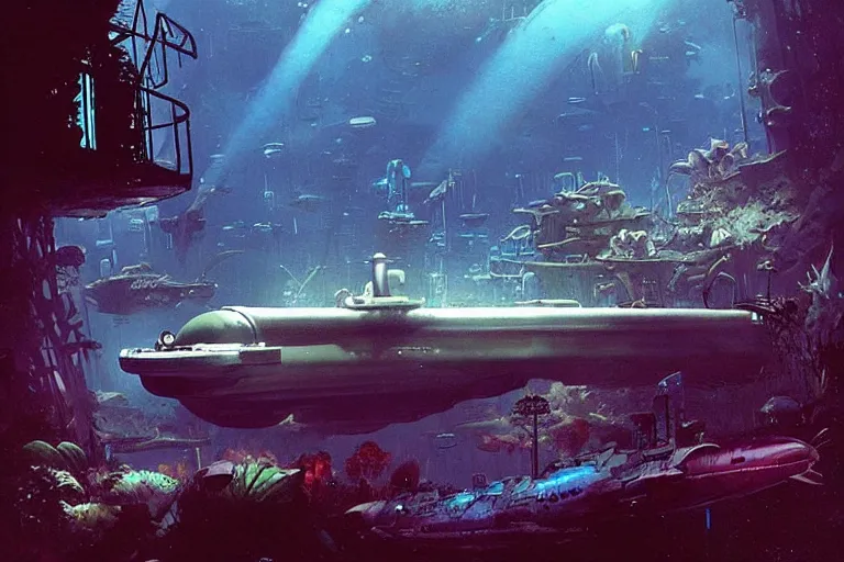 Prompt: a submarine exploring a sunken city, overgrown, night, cinematic, shadows, 4 k, detailed, by john berkey!!!!!! and peter jackson and ridley scott and beeple!!! and greg rutowski