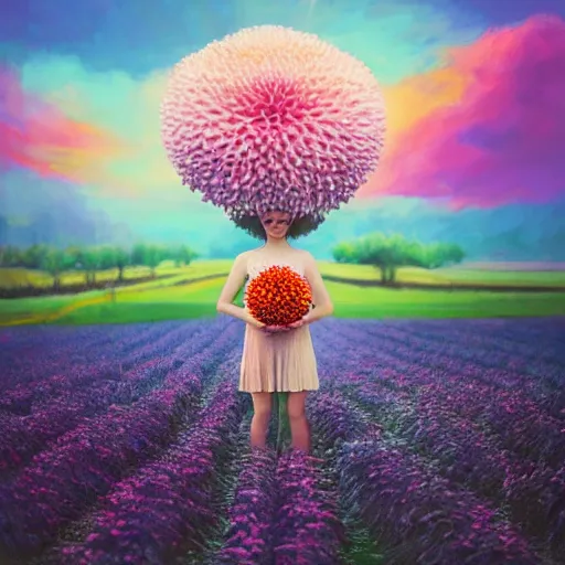 Image similar to giant dahlia flower head, full body girl standing in a flower field, surreal photography, sunrise, dramatic light, impressionist painting, colorful clouds, digital painting, artstation, simon stalenhag