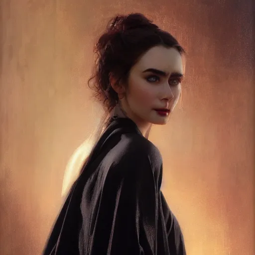 Image similar to detailed realistic cinematic wide shot of beautiful attractive lilly collins woman wearing black bath robe slim face symettrical face clean skin black eyes black robe smooth, sharp focus, ultra realistic, spring light, painting by gaston bussiere, craig mullins, j. c. leyendecker