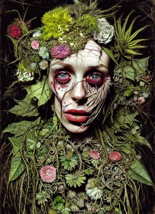 Image similar to beautiful and detailed rotten woman corpse made of fractal plants and many different types of flowers, muscles, veins, arteries, intricate, organs, ornate, surreal, john constable, guy denning, dan hillier