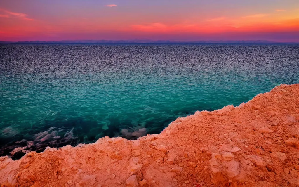 Image similar to the dead sea, beautiful sunset with colorful clouds, low angle, professional photo