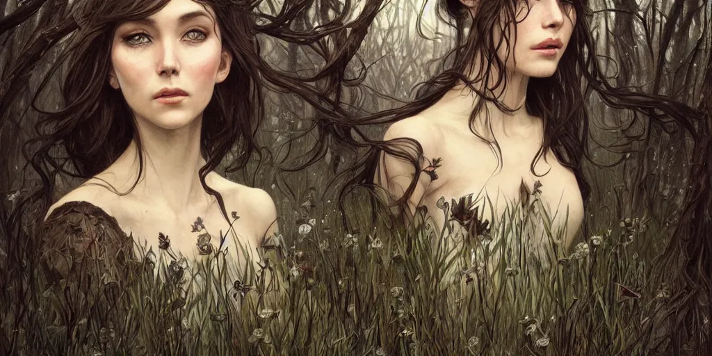 Prompt: playing card of lying faces on a meadow, dark and ethereal, wild hairs, expressive poses, dark dress, fantasy, intricate, dark forest background, highly detailed, digital painting, artstation, concept art, smooth, sharp focus, illustration, art by artgerm and greg rutkowski and alphonse mucha