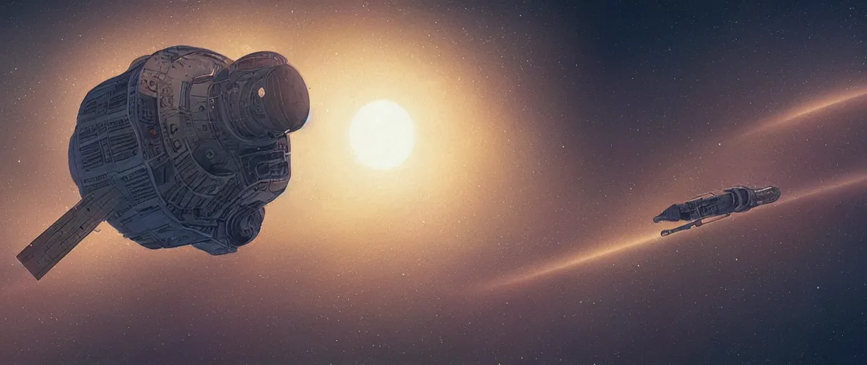 Image similar to illustration, a single small spaceship, deep space exploration, alone, the expanse tv series, industrial design, intergalactic, cinematic lighting, 4k, greebles, widescreen, wide angle, sharp and blocky shapes, rich colors, beksinski