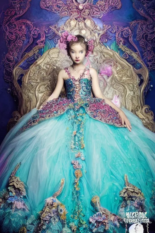 Image similar to A full body shot of a cute and mischievous young monster princess wearing an ornate gown. Covered in barnacles and tentacles. Dynamic Pose. Quinceanera dress. Rainbow palette. Dramatic Lighting. Eldritch. defined facial features, symmetrical facial features. Opalescent surface. Emerging from the darkness. Elegant. By Ruan Jia and Artgerm and Range Murata and WLOP and Ross Tran and William-Adolphe Bouguereau. Key Art. realistic, Hyperdetailed. Fantasy Illustration. Masterpiece. artstation, award winning, sharp, details, HD, HDR, 4K, 8K.