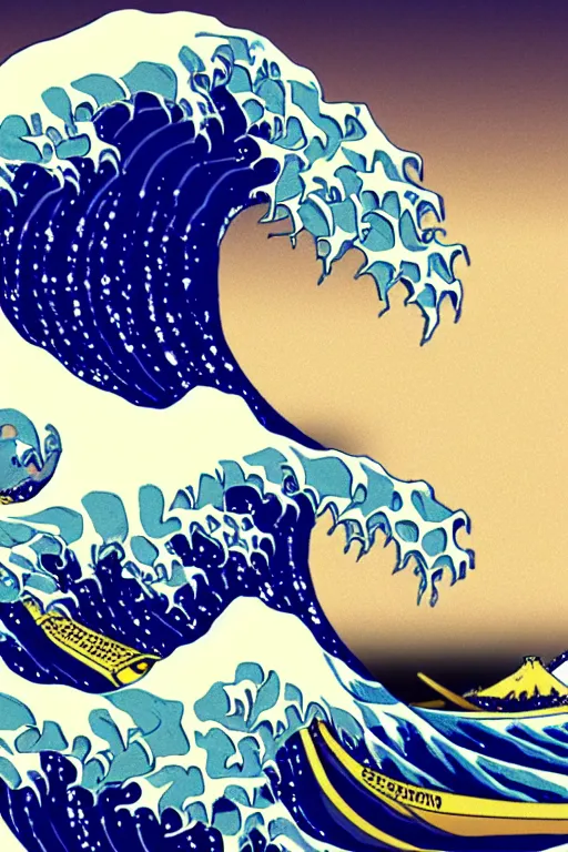 Image similar to The Great Wave off Kanagawa, Vaporwave aesthetic, synthwave aesthetic, highly detailed, digital painting, artstation, concept art, smooth, sharp focus, illustration