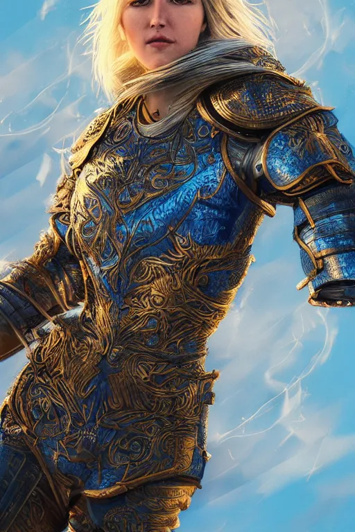 Prompt: realistic detailed photo of ladyhawke, soaring through the sky, blue eyes, woven armour with , intricate complexity, Behance, golden ratio, +fibanci background, vray, rich deep colors