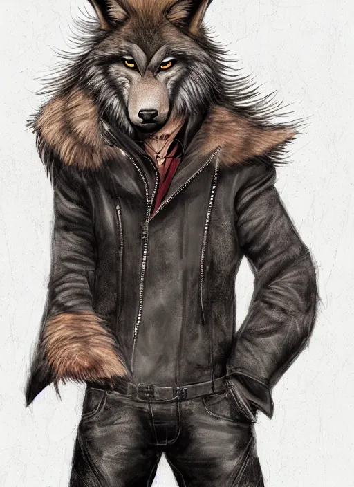 Image similar to award winning beautiful portrait commission of a male furry anthro wolf fursona with a bushy tail and a leather jacket, cute, beautiful, attractive, detailed,