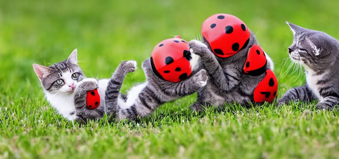 Image similar to cute cats play fighting with a ladybug