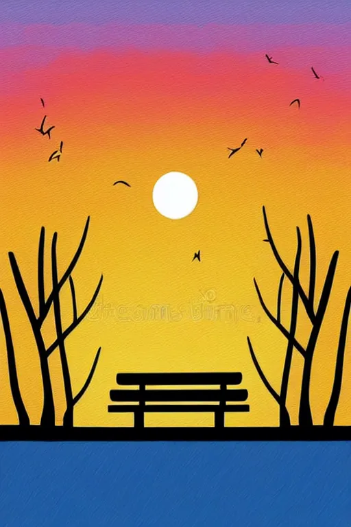 Image similar to minimalist boho style art of a colorful bench at sunset, illustration, vector art