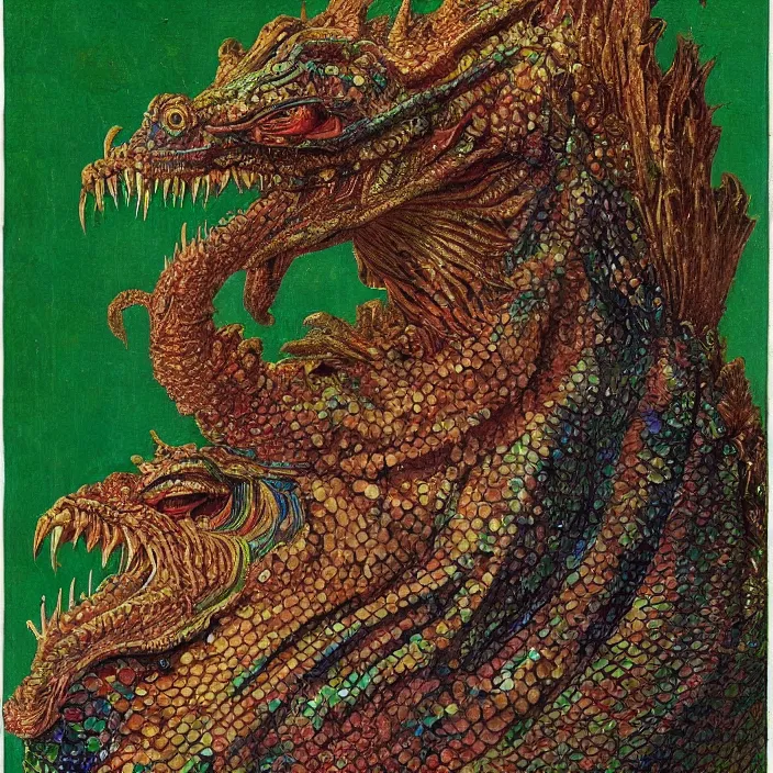 Image similar to close up portrait of an mutant monster creature with proud, reptilian allure, iridescent scales, dovish feathers, diaphanous fungic protuberances. jan van eyck