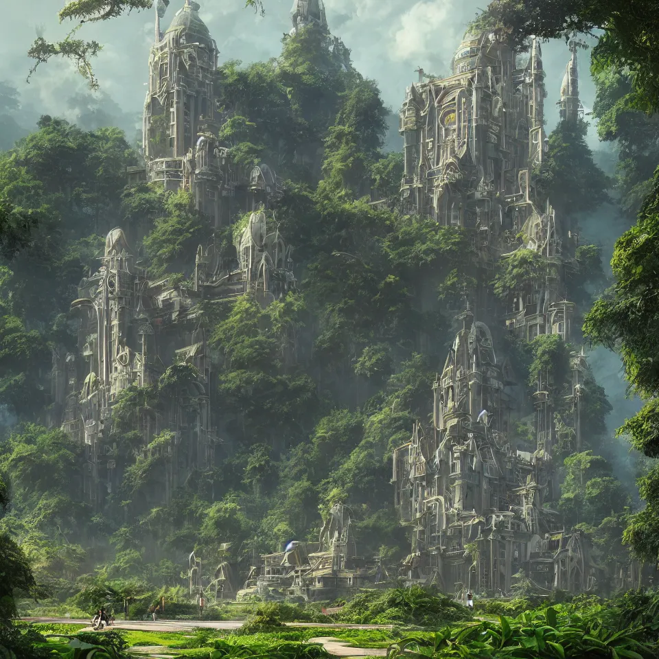 Prompt: A Luxury Monumental Futuristic Castle in Art Nouveau Architecture, movie concept art, Breath of the wilde, studio ghibli style, Lush vegetation with ferns, miyazaki, Craig Mullins dappled lighting, octane render, cinematic, photographic, realistic, highly detailed