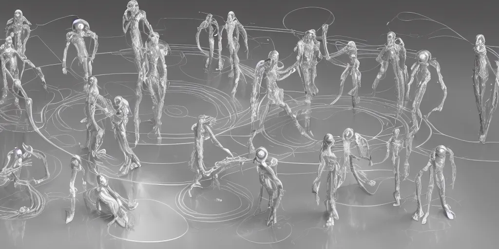 Image similar to !13 diverse aliens on !one_side of a !marble table, eating luxurios meals !!posing_as_last_supper cinematic lighting, their clothes are high tech suits, intricate cables adorne their bodies and heads, detailed implants, satin, crystal, liquid, surreal, floating, !!highly detalied, 4k, artstation, by Rolf Armstrong