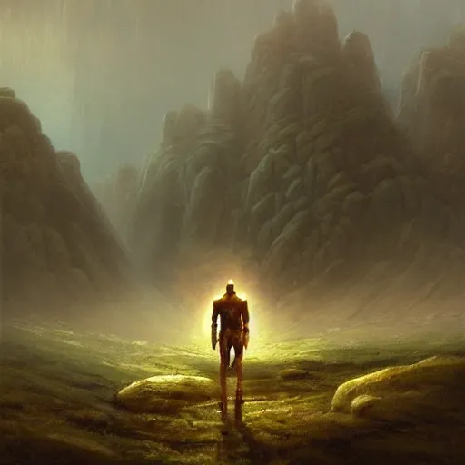 Image similar to a lone spartan warrior aftermatch scavenging for food in the wilderness casper david friedrich raphael lacoste vladimir kush leis royo volumetric light effect broad light oil painting painting fantasy art style sci - fi art style realism artwork unreal engine