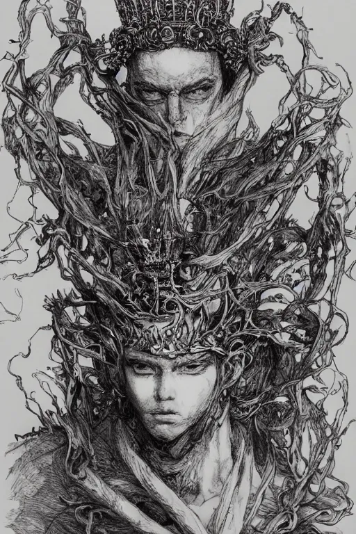 Prompt: portrait The King of Fools, With a Jesters crown, Wings lift him up, Roots hold him down, pen and ink, intricate line drawings, by Yoshitaka Amano, Ruan Jia, Kentaro Miura, Artgerm, watercolor