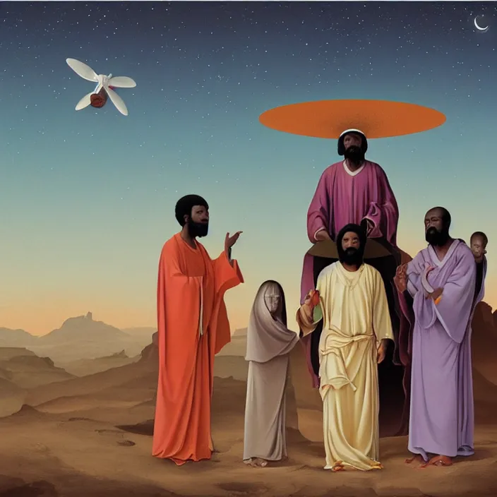 Image similar to three UFOs hovering over an African Jesus, painting by Hsiao-Ron Cheng, colorful,