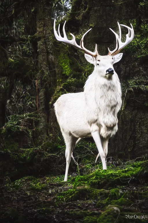 Image similar to king of the forest, a white stag, beautiful, fantasy, hyper realistic, dramatic lighting, 8k