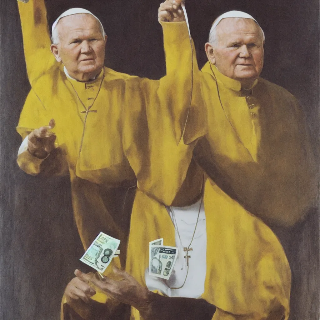 Image similar to Painting of John Paul II with a yellow face holding a 100 dollar bill in his hand