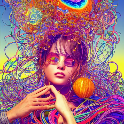 Image similar to the portrait of a ridiculously beautiful and pretty woman partially made of onion rings of all colors looking up, an ultrafine detailed illustration by james jean, final fantasy, intricate linework, bright colors, behance contest winner, vanitas, angular, altermodern, unreal engine 5 highly rendered, global illumination, radiant light, detailed and intricate environment