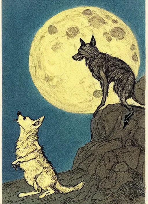 Image similar to howling at the moon, illustrated by peggy fortnum and beatrix potter and sir john tenniel