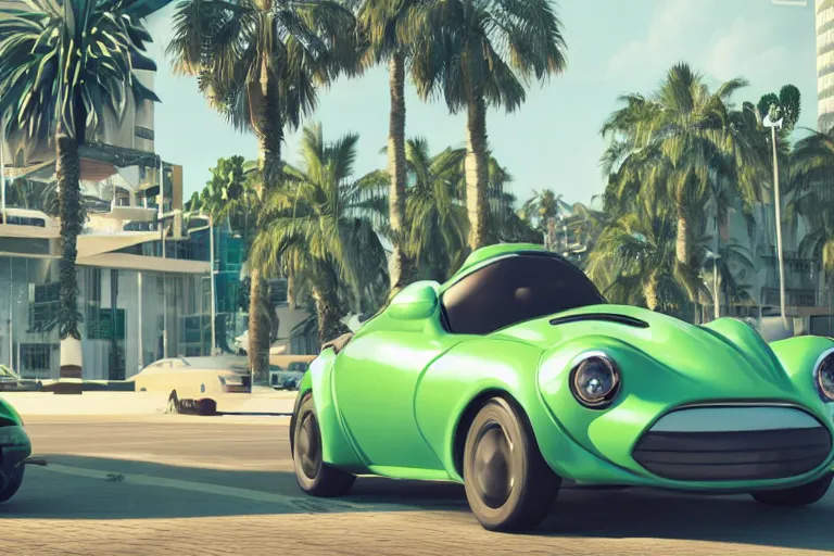 Prompt: frog wearing a suit driving a car in the front seat, palm trees, 3 d render, octane render, unreal engine, hyper detailed