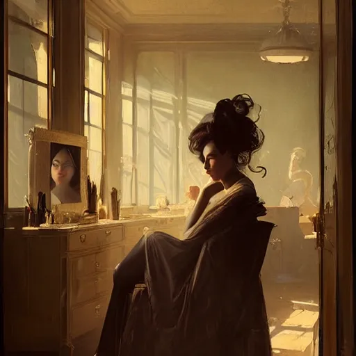 Image similar to a beautiful portrait of a lady in her salon by greg rutkowski and henri regnault trending on artstation