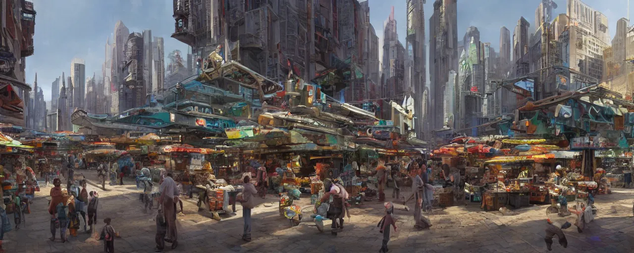 Image similar to street level view of a futuristic market and trading post at the center of a large advanced metropolis busy with activity lots of market signs aliens and people with a floating cars on the streets by craig mullins, neil blevins, dylan cole, james paick, hyper realistic, 8 k, vray render, artstation, deviantart,