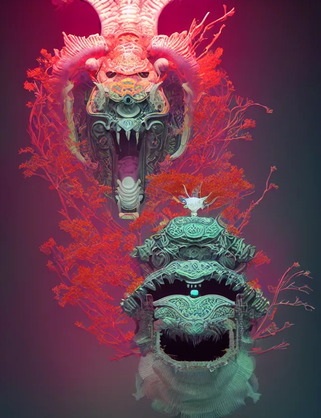 Prompt: 3 d liminal space abandoned space temple frontal portrait with ram skull. beautiful intricately detailed japanese crow kitsune mask and clasical japanese kimono. betta fish, jellyfish phoenix, bio luminescent, plasma, ice, water, wind, creature, artwork by tooth wu and wlop and beeple and greg rutkowski