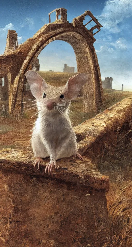 Image similar to close - up selfie shot of dwarf fat - tailed jerboa with rusty broken building constructions of a giant staircase for multiple cases, leading to the sky, the ruins, in the steppe, autumn field, misty background, from the game pathologic 2, highly detailed, sharp focus, matte painting, by isaac levitan and asher brown durand,