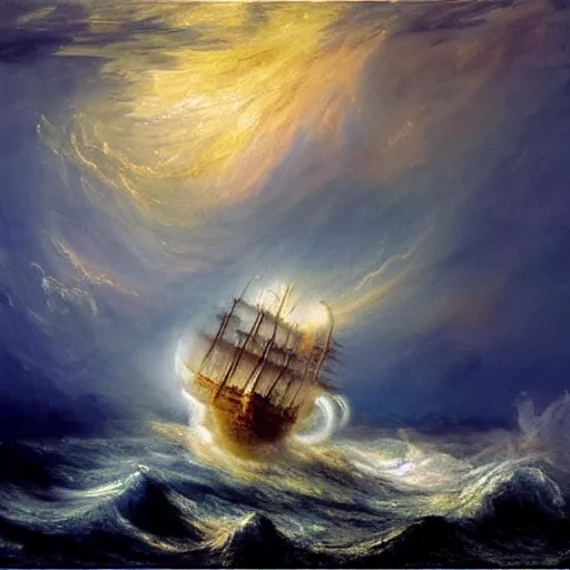 Prompt: kraken tentacles stormy sea steamship boat dramatic clouds painting style of turner