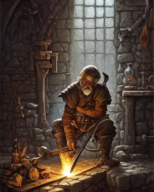 Prompt: an old blacksmith forging his final sword, his sad with grief and in pain from old injuries, his wall depicts his best weapons, deep focus, D&D, fantasy, intricate, elegant, highly detailed, digital painting, artstation, concept art, matte, sharp focus, illustration, hearthstone, art by Artgerm and Greg Rutkowski and Alphonse Mucha