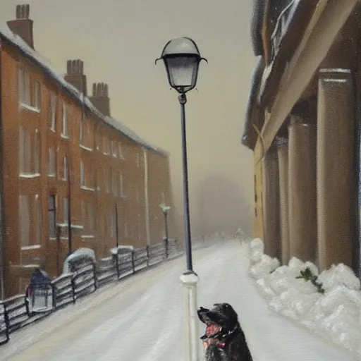 Prompt: painting of a snowy london street scene, and a dog with its tongue stuck to a lamp post