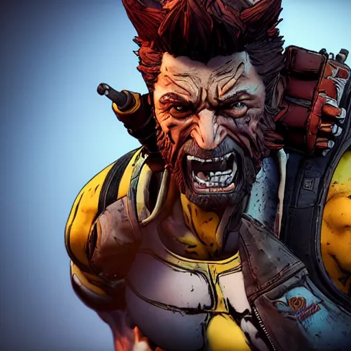 Image similar to professional physically based octane render of Wolverine in Borderlands 3, character concept art, epic composition, style of Borderlands, 8k comic art, intricately detailed