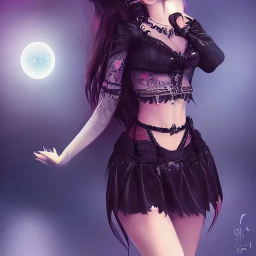 Image similar to kerli koiv animel goth girl in mini skirt and crop top intricate, extremely detailed, artstation, 8 k, sensual lighting, incredible art, wlop, artgerm