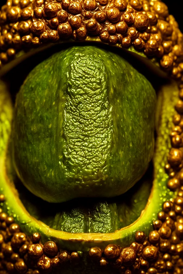 Image similar to renaissance portrait close up of highly detailed respected dragonskinned avocado, fake mustache, dramatic cinematic lighting, 8 k