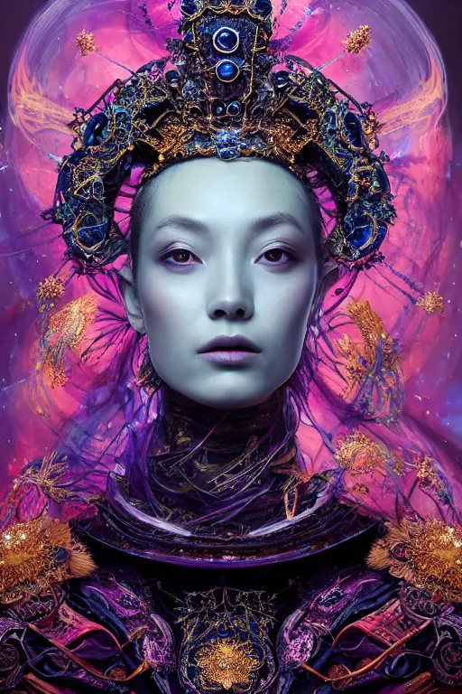 Image similar to a beautiful empress portrait, with a brilliant, impossible striking big cosmic galaxy headpiece, clothes entirely made out of cosmos chaos energy, symmetrical, dramatic studio lighting, rococo, baroque, jewels, asian, hyperrealism, closeup, D&D, fantasy, intricate, elegant, highly detailed, digital painting, artstation, octane render, 8k, concept art, matte, sharp focus, illustration, art by Artgerm and Greg Rutkowski and Alphonse Mucha