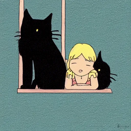 Prompt: “studio ghibli style illustration of a black cat sleeping on a window next to a blonde girl”