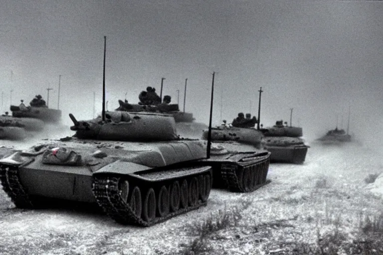 Image similar to flash photograph of russian tanks, accompany by soviet infantry squad, 1985, creepy, haunted, fog, atmospheric, vintage photo