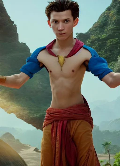 Prompt: skinny young tom holland as aladdin in the sultan's palace, cinematic lighting, path traced, highly detailed, high quality, beautiful painting, octane render, don bluth, ross tran, studio ghibli, alphonse mucha, artgerm